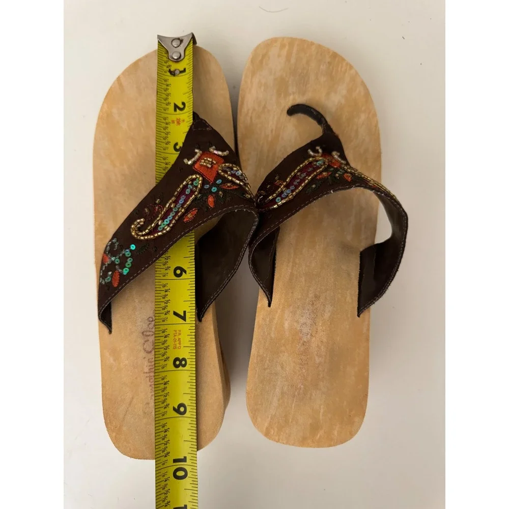 Skechers Something Else Vintage Y2K Wood Platform Paisley Beaded Sandals Brown